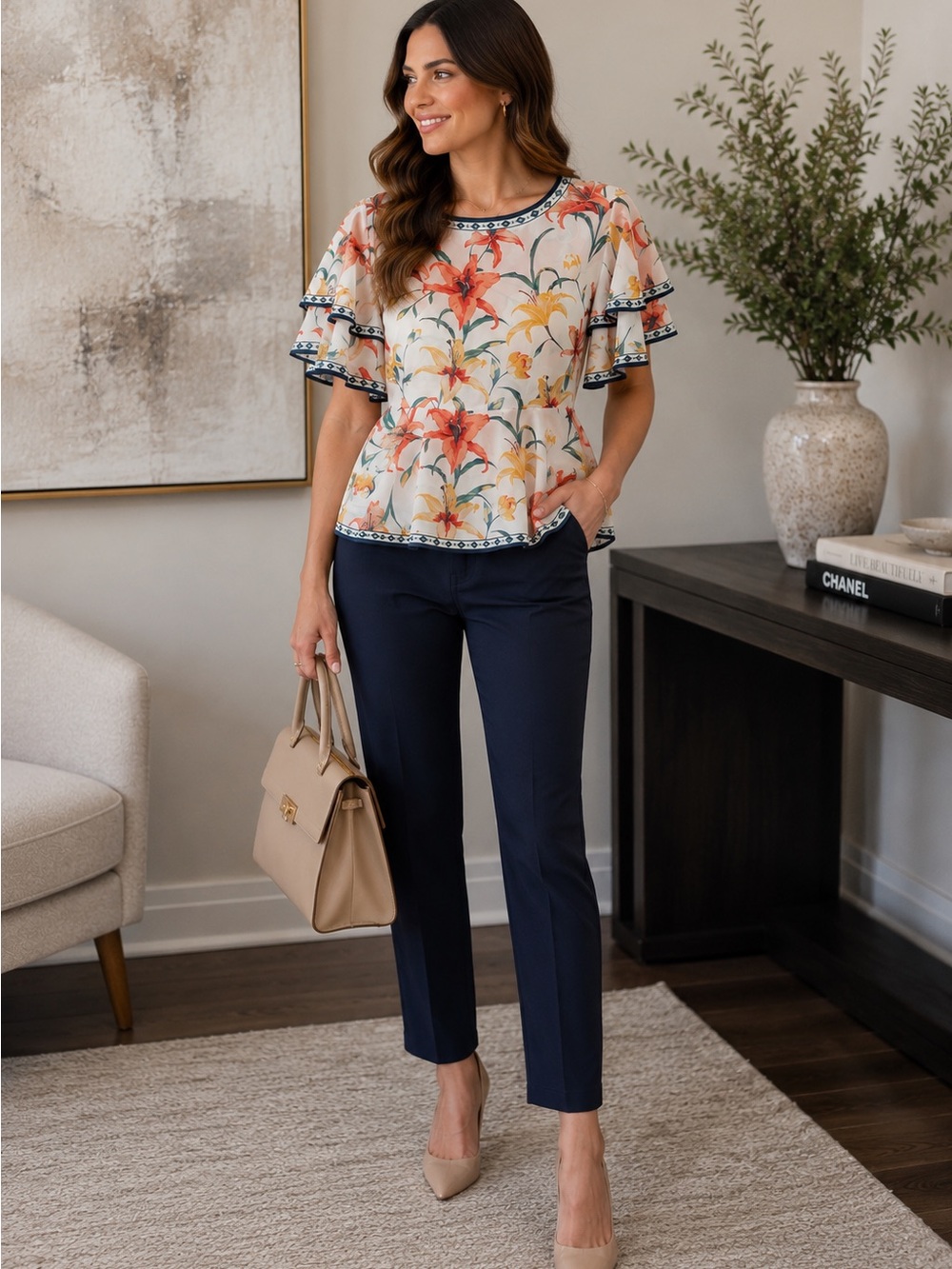Jealous Tomato White Floral Peplum Blouse with Orange & Yellow Lilies